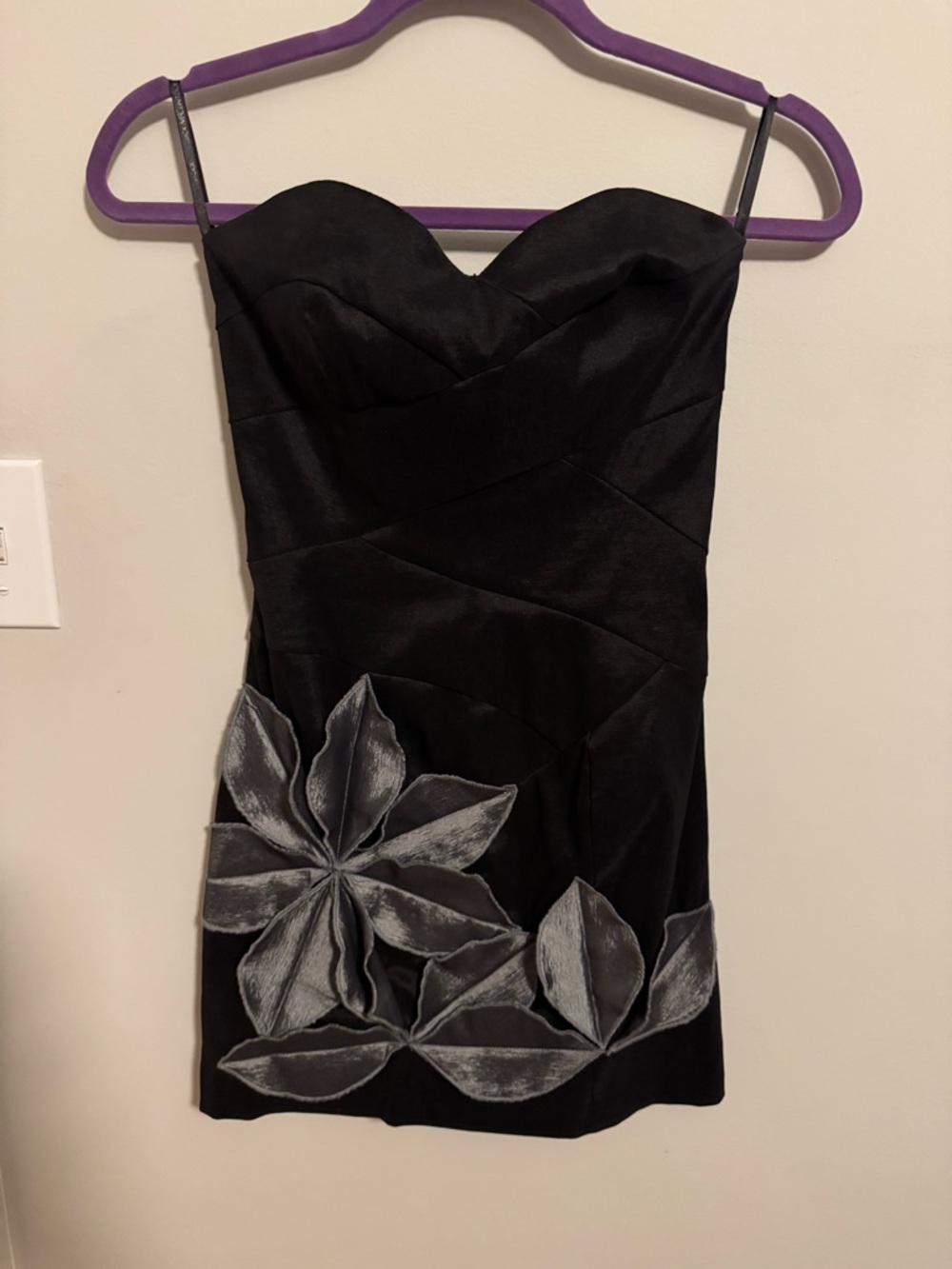Jessica McClintock Black Strapless Mini Dress with Silver Floral Appliqué